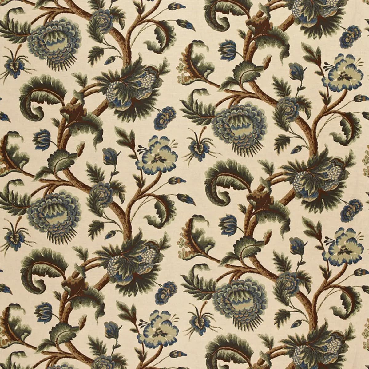 JACOBEAN PRINTED CREWEL_ MULTI BLUES WOOD TONES