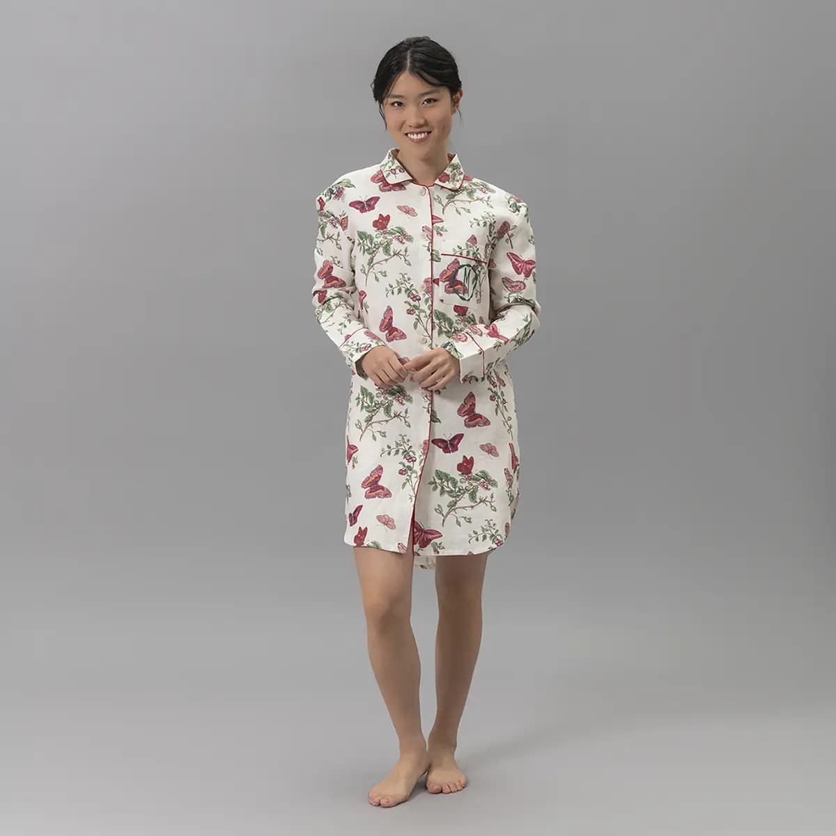 Baudin Butterfly Linen Sleep Shirt_ RUBY