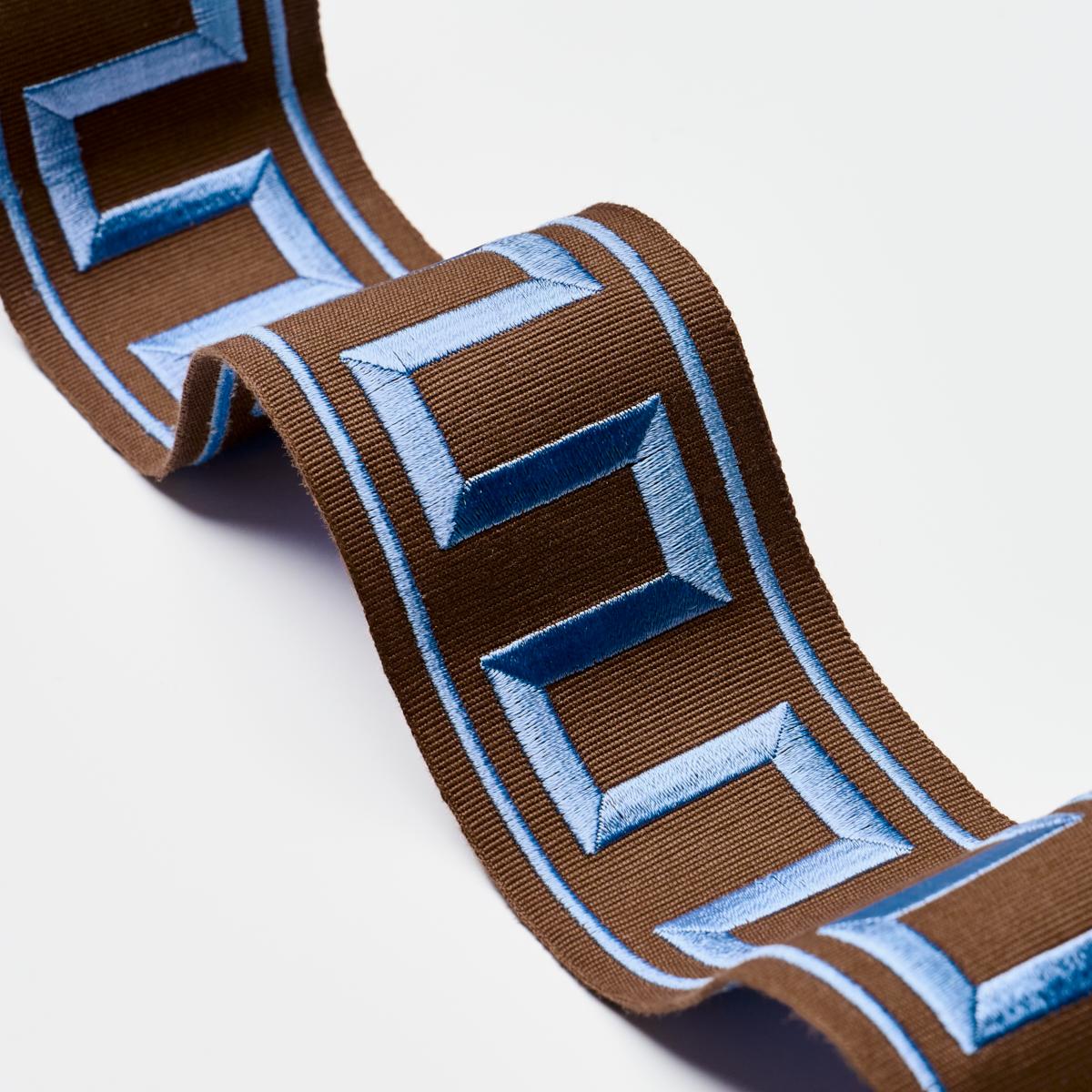 GREEK KEY EMBROIDERED TAPE_BLUE ON BROWN