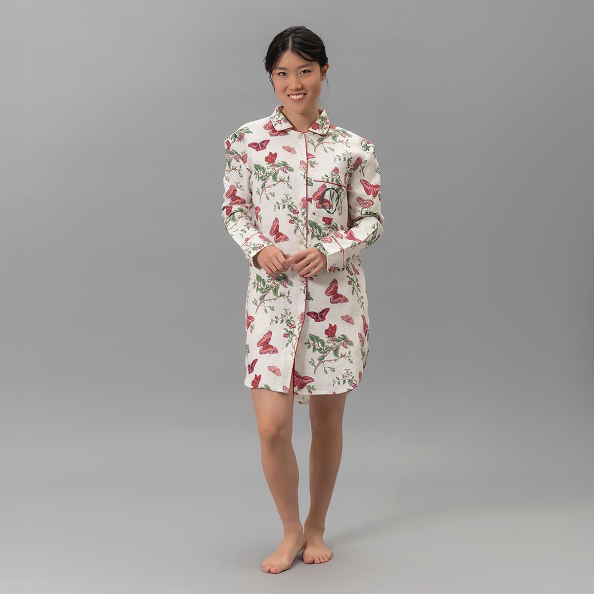 Baudin Butterfly Linen Sleep Shirt - RUBY