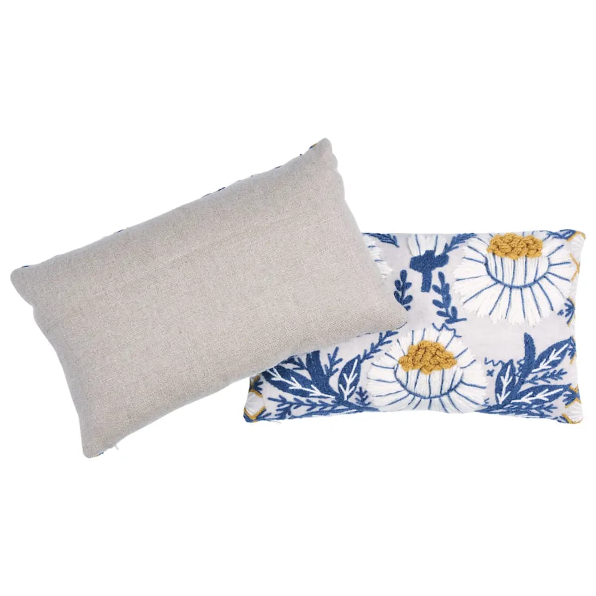 Marguerite Embroidery Pillow B_ BLUE & OCHRE