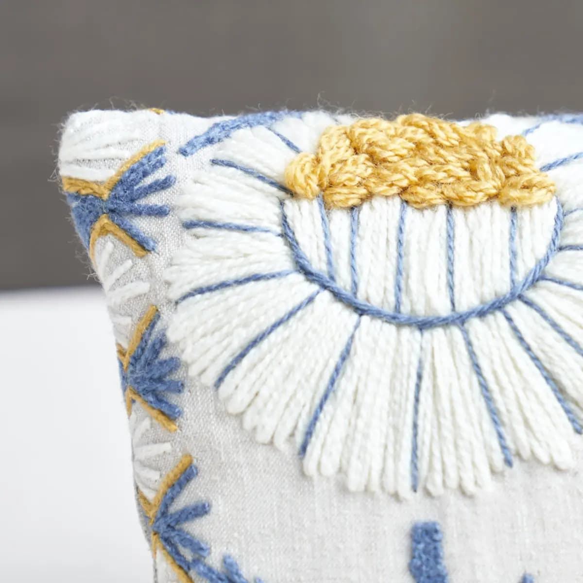 Marguerite Embroidery Pillow B_ BLUE & OCHRE