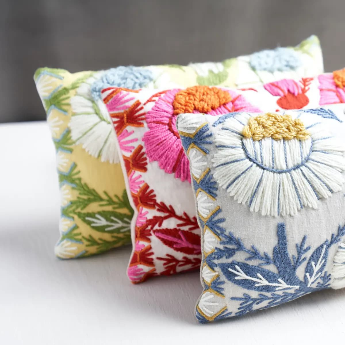 Marguerite Embroidery Pillow B_ BLUE & OCHRE
