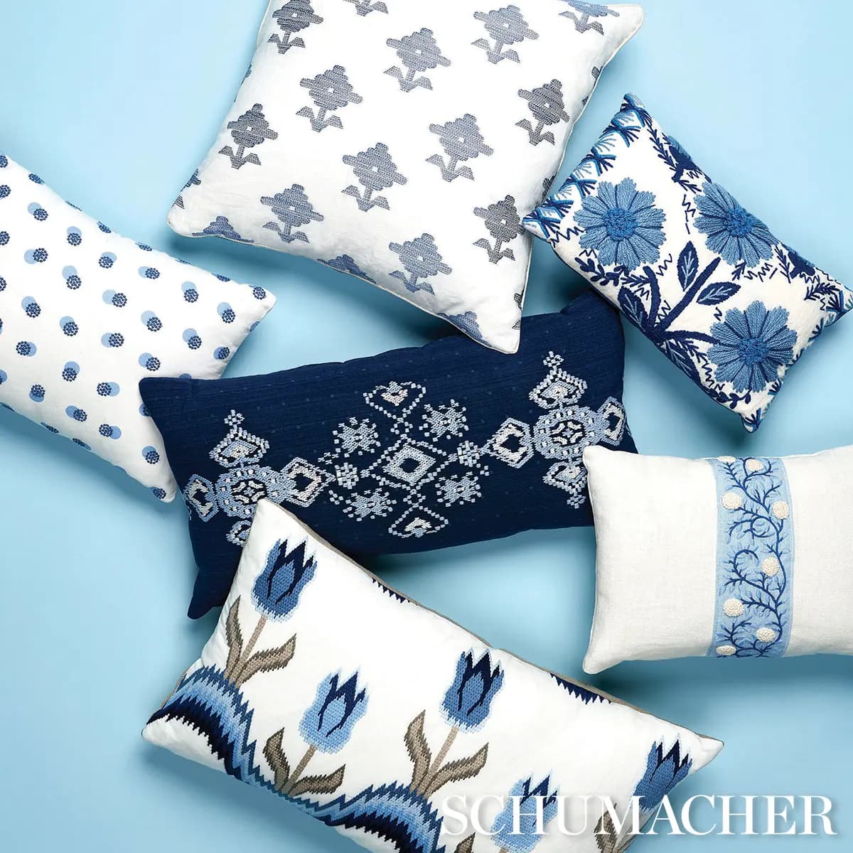 Taylor Embroidery Pillow_ BLUE ON IVORY