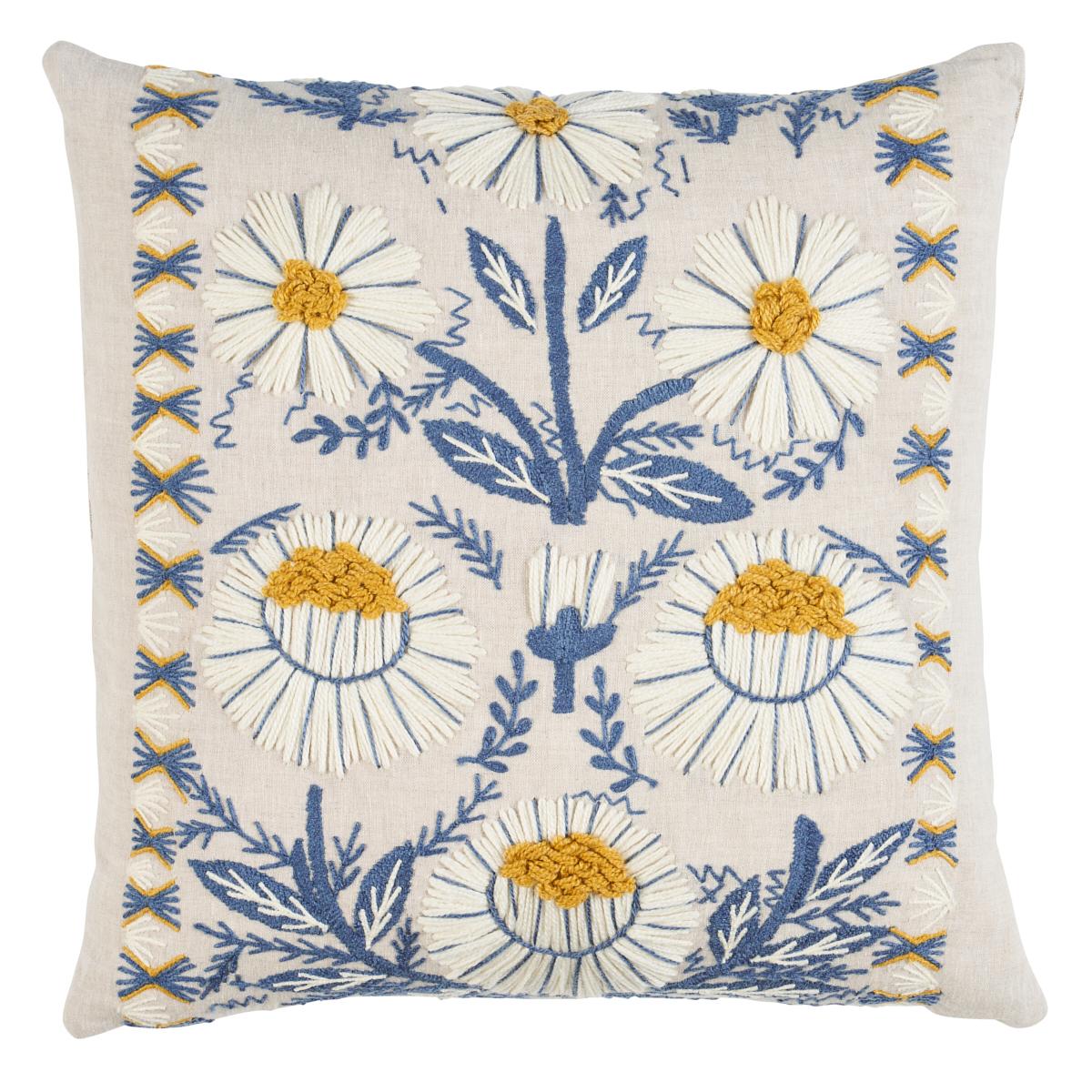 Marguerite Embroidery Pillow_BLUE & OCHRE