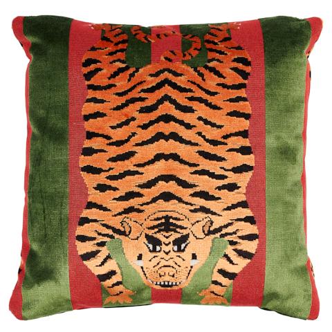 Jokhang Tiger Velvet Pillow_RED & GREEN