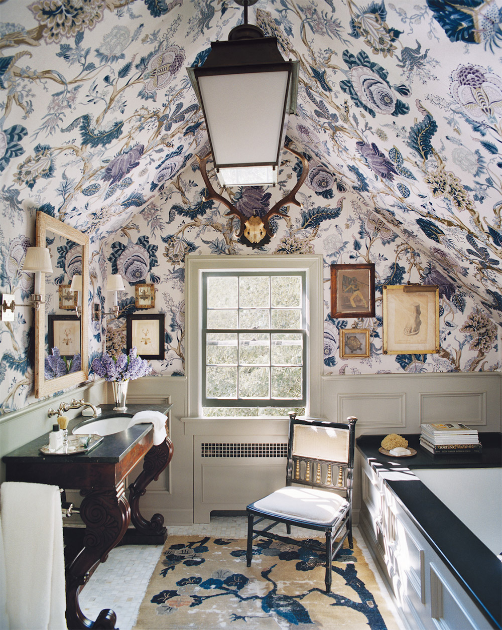 Bathroom With Paper-Backed Fabric Wallcoverings and Ceiling