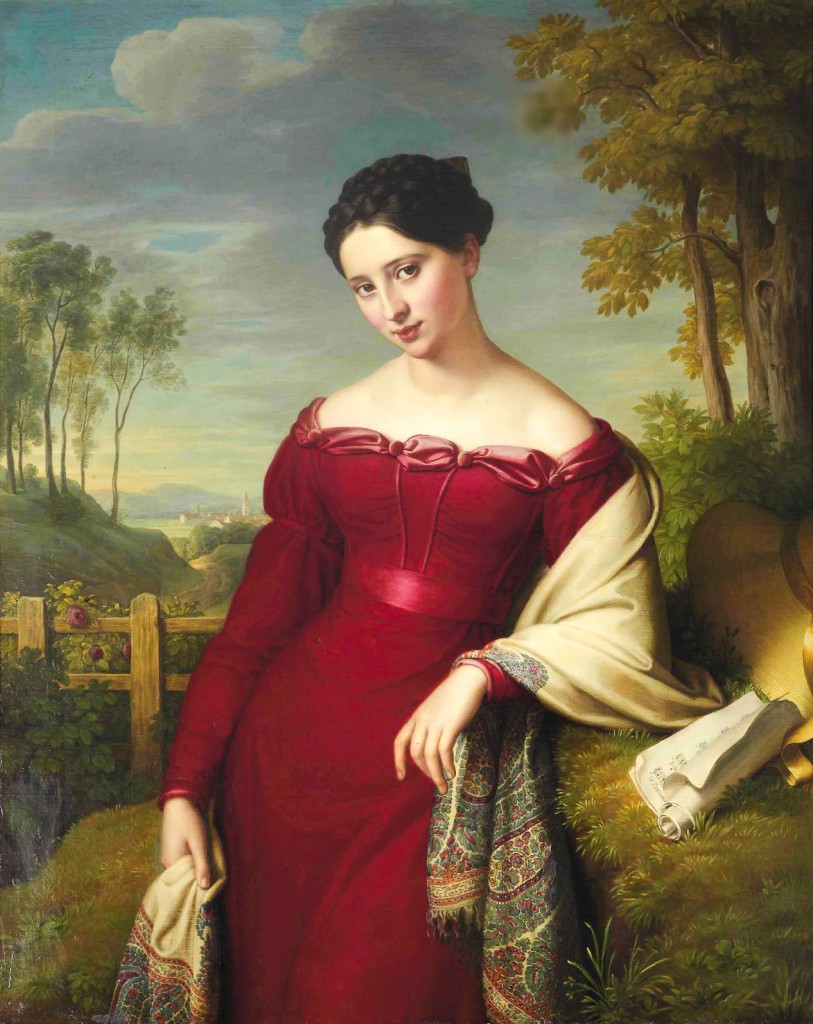 Eduard Friedrich Leybold - Portrait of a Young Lady in a Red Dress with a Paisley Shawl