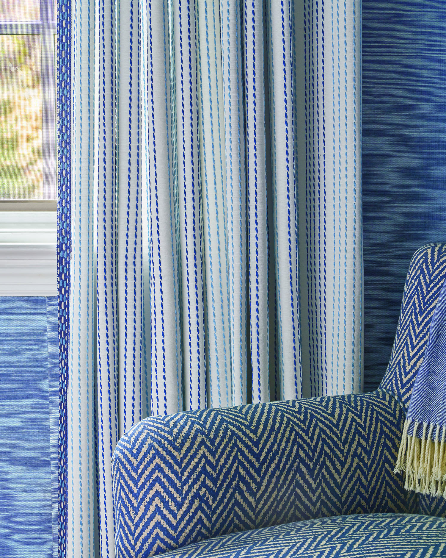 Curtains in Schumacher's Running Stitch. Design by Elizabeth Pash.