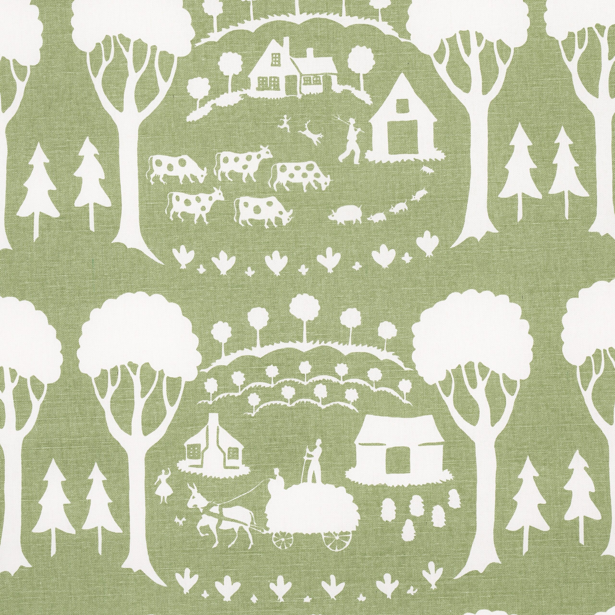 Schumacher Farm Scene fabric in Green, from the Folly Cove Collection