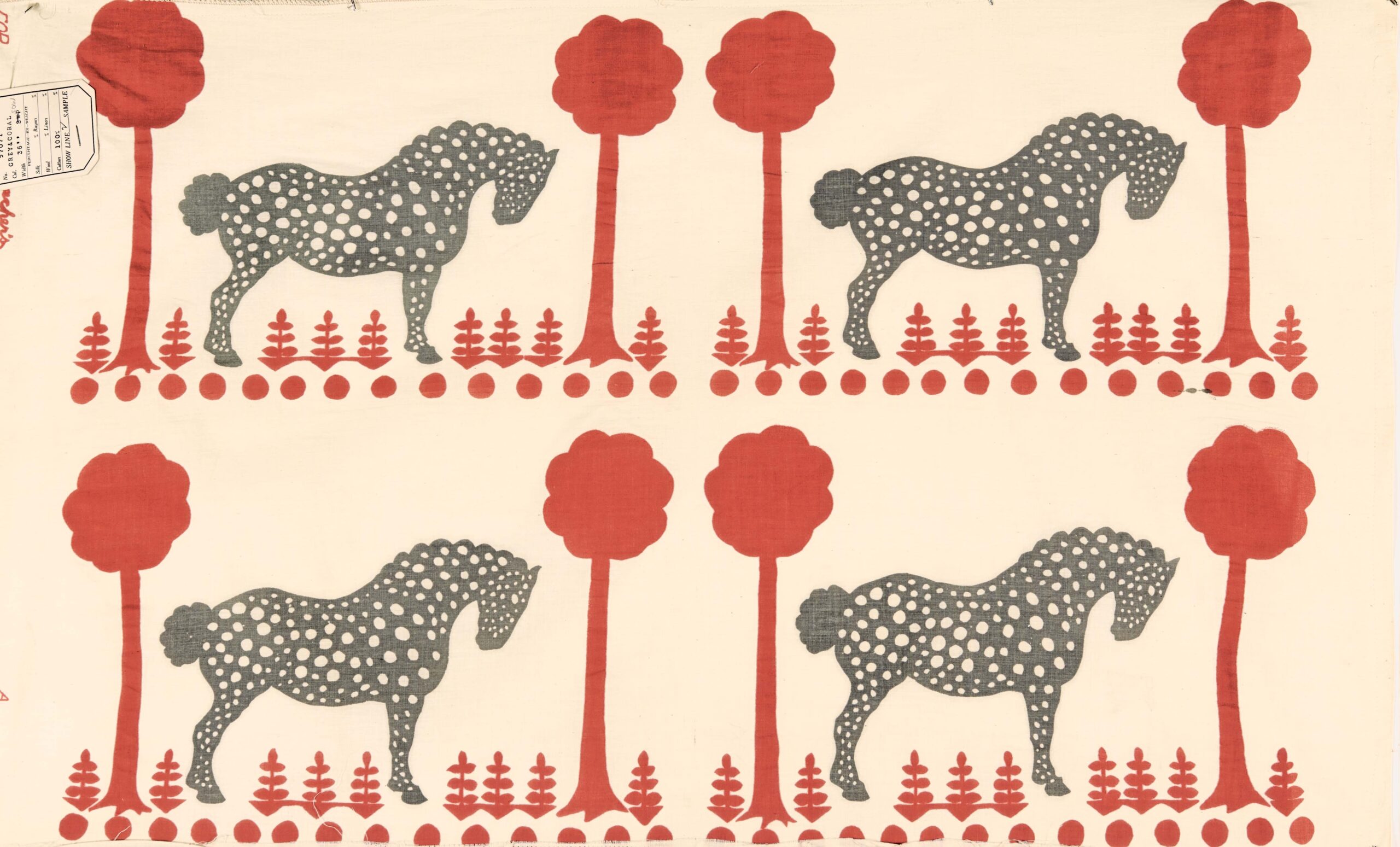 An archival fabric sample of Polka Dot Pony, a Folly Cove design from the Schumacher archive.