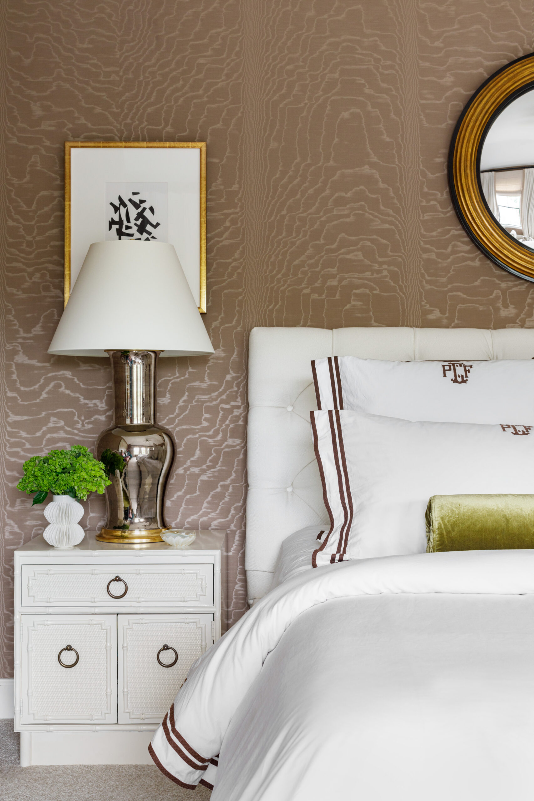 Design by Paloma Contreras featuring Schumacher Moiré Wallcovering in Fawn