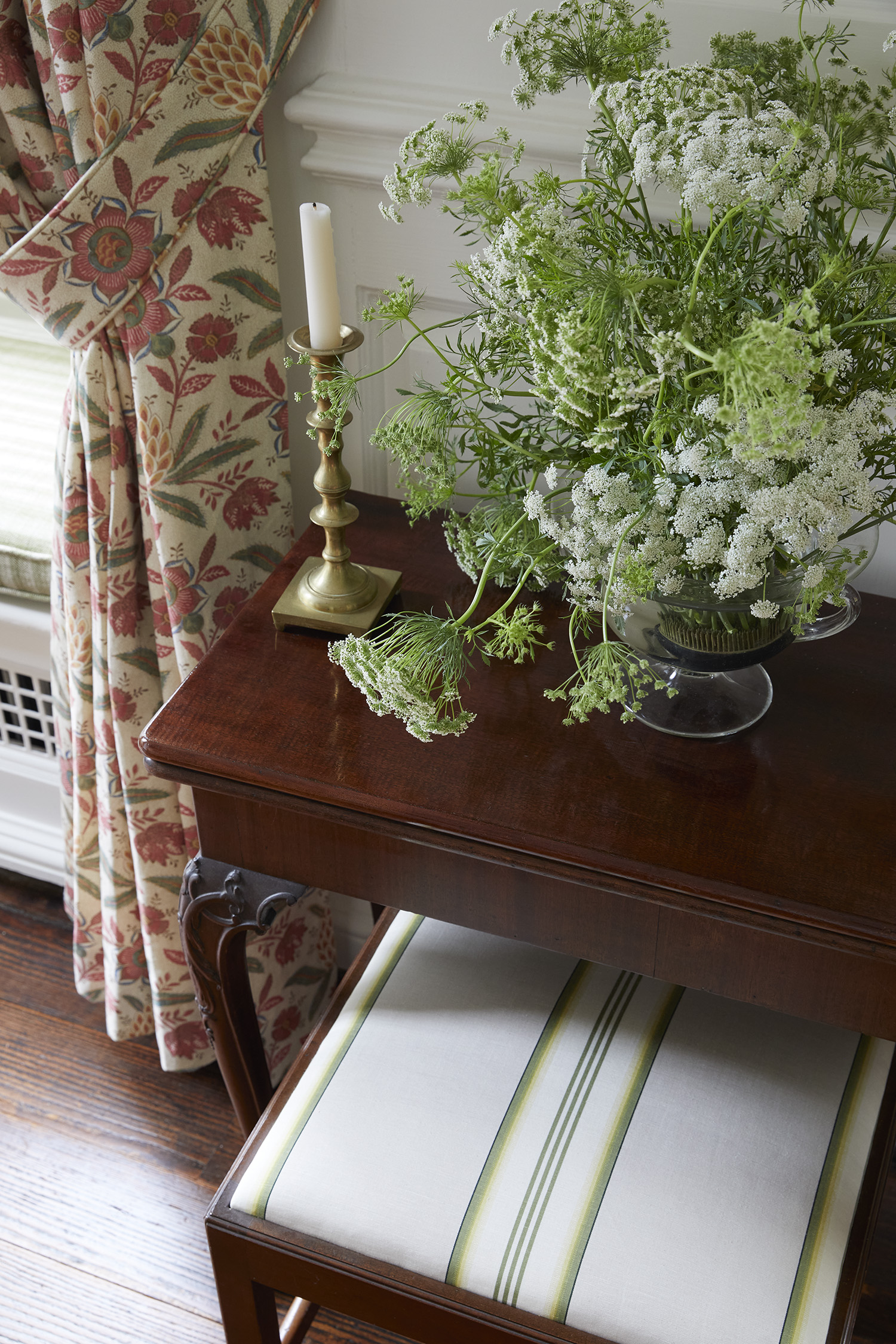 Design by Charlotte Moss featuring Schumacher Randolph Stripe Moire in Magnolia