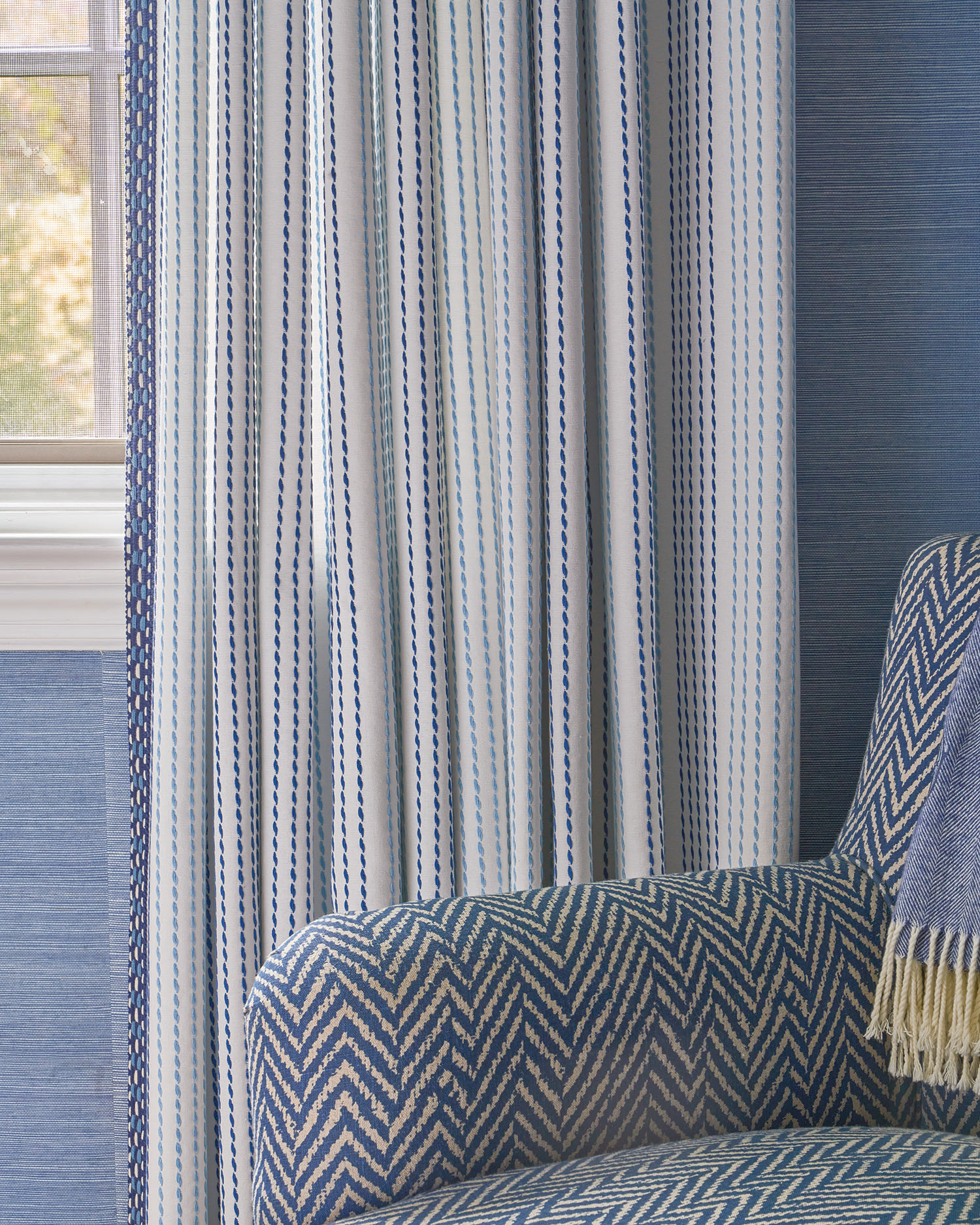 Curtains in Schumacher Running Stitch Fabric in Blues